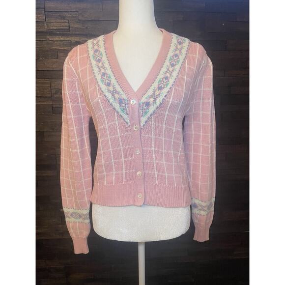Vintage 80s Ralph Lauren Collection Cardigan Sweater Granny Knit Cotton M L Pink - Picture 1 of 9